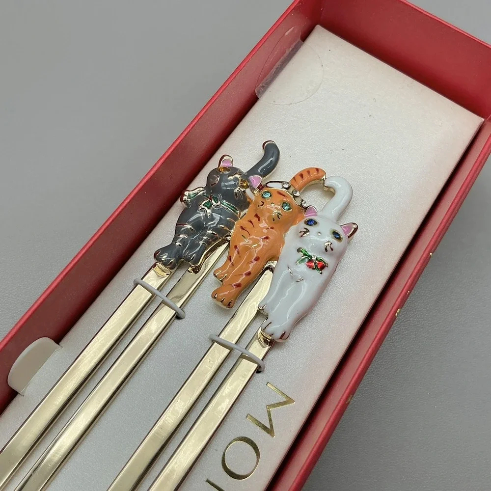 Monet Bookmark Cat Trio Enamel Charms Gold Tone‎ Metal With Gift Box Women